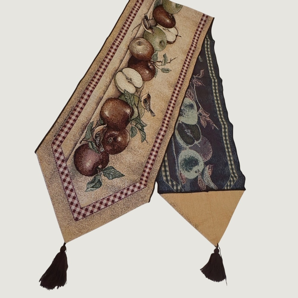 Woven Tapestry Table Runner Tan Apple Bird Fruit Rustic Harvest 76x12